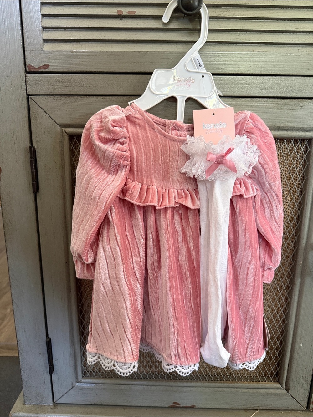 Pink Velvet Baby Dress with Lace Bow Headband